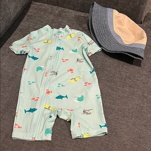 NWOT Kids Carters Shark Print One Piece Swimsuit and bucket hat
